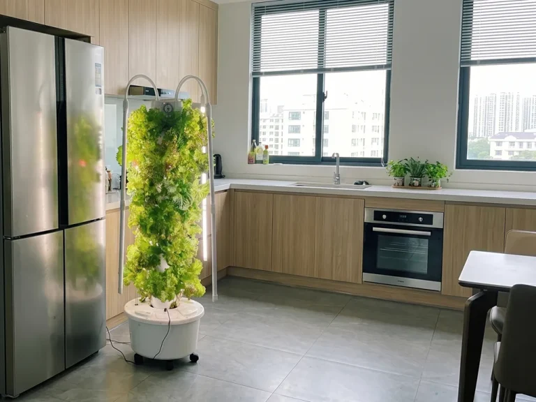 Hydroponic tower full of lettuce in a modern home kitchen