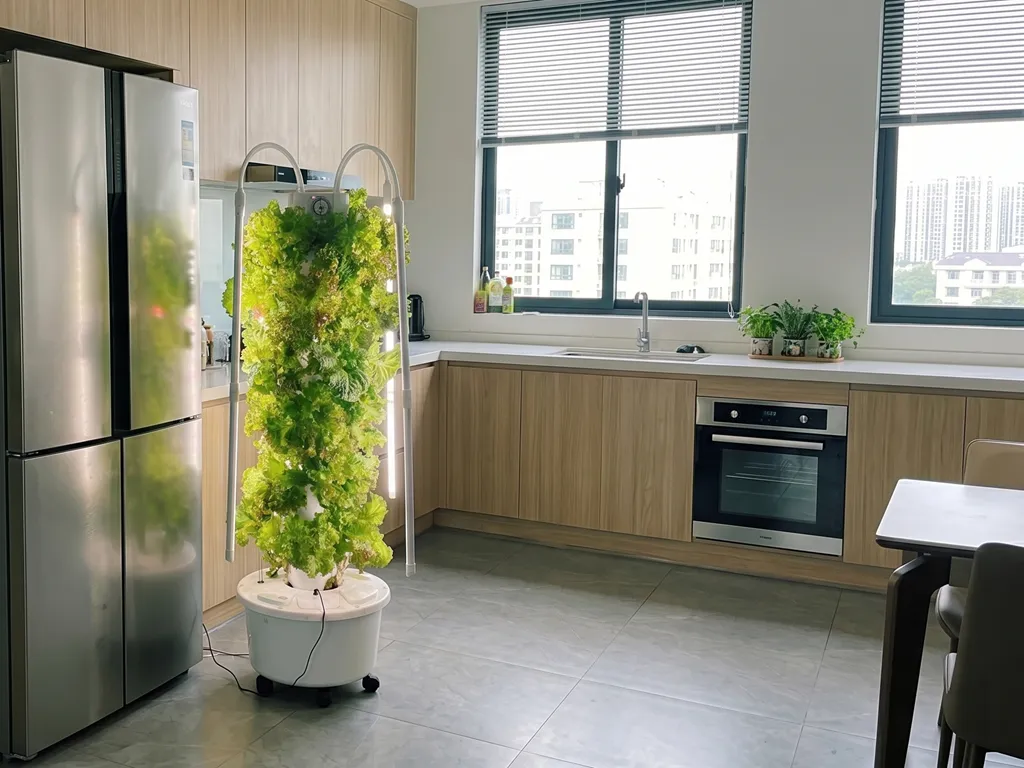 Hydroponic tower full of lettuce in a modern home kitchen