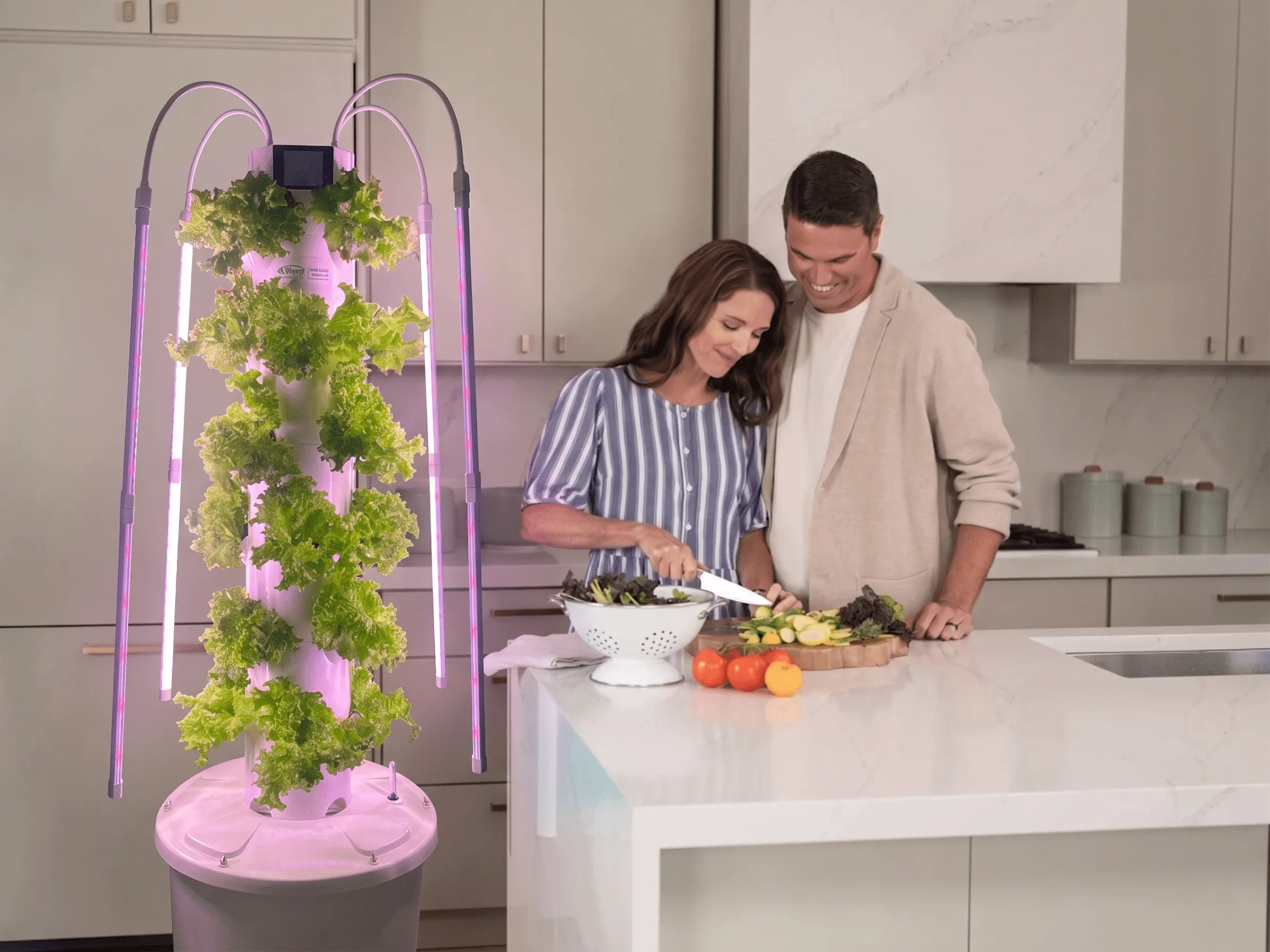 Couple preparing freshly harvested vegetables beside a hydroponic tower with grow lights