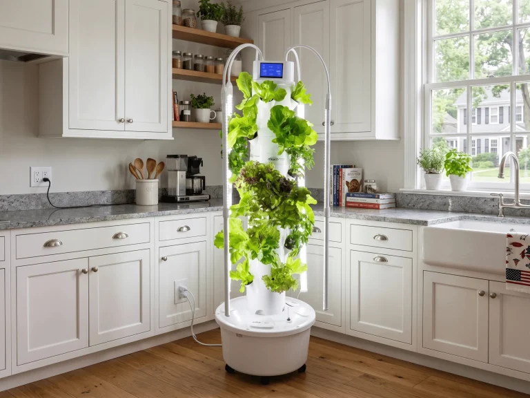 Hydroponic tower growing fresh herbs and lettuce in a kitchen