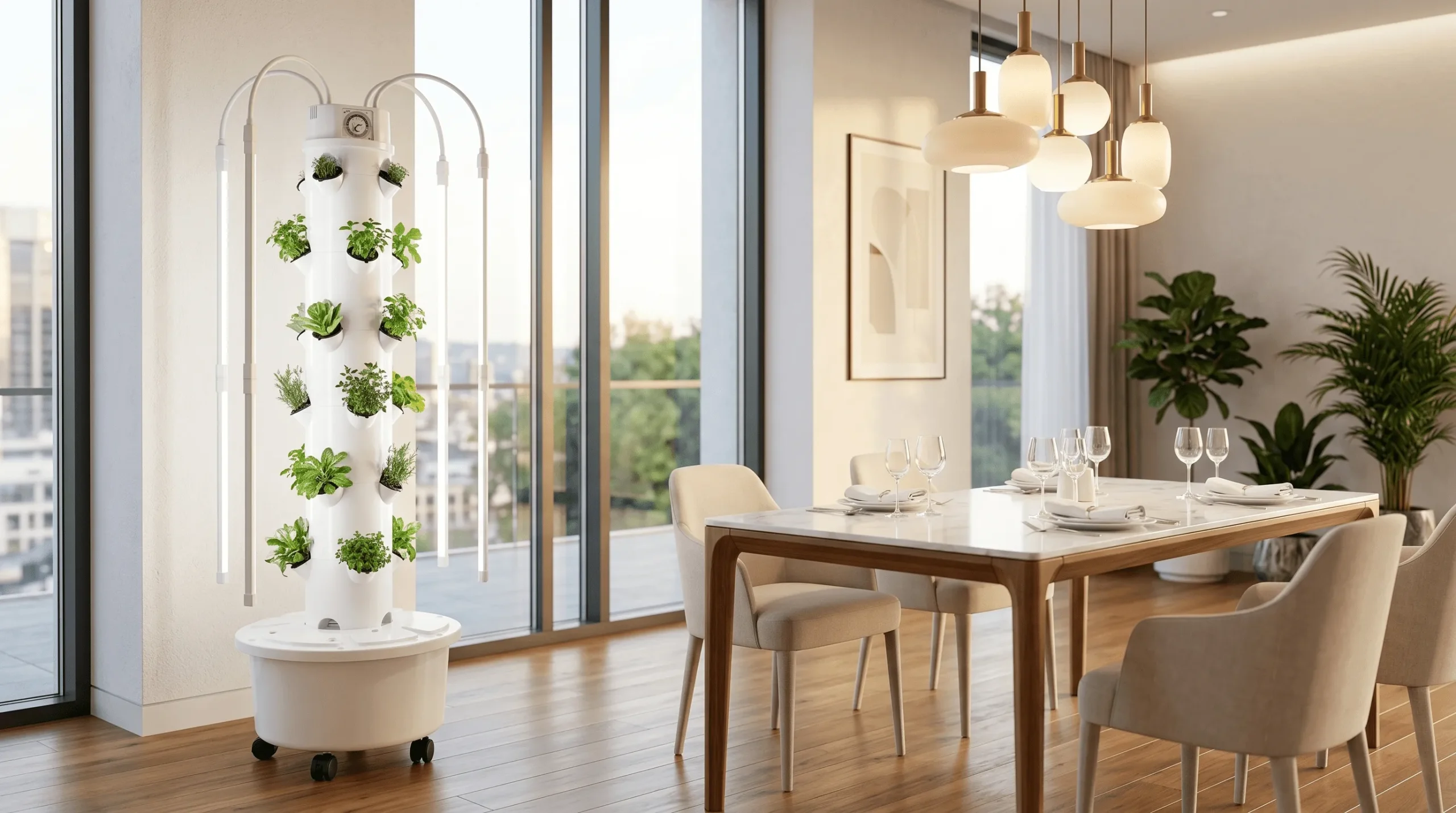 Hydroponic tower with young herb plants in a dining room