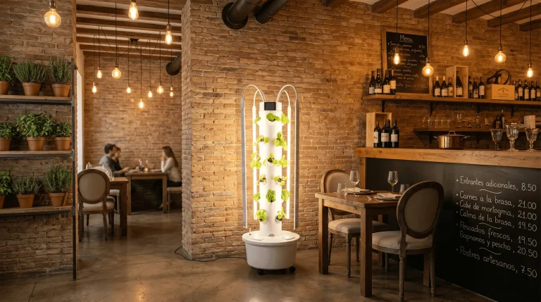 Hydroponic tower with growing plants in an indoor setting