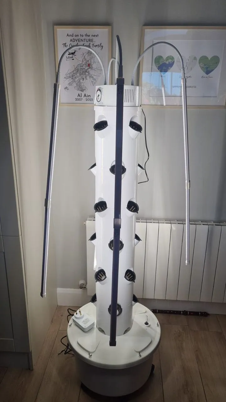 Ovelium hydroponic tower with empty planting pods and arched LED light bars in a home room with framed wall art