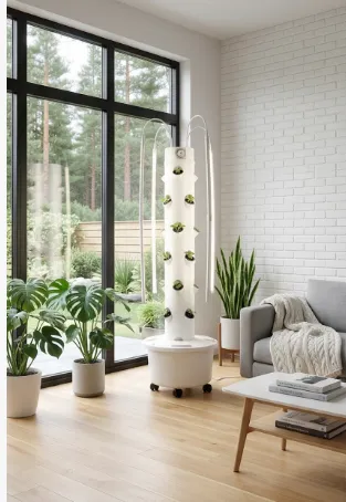 Slim Ovelium hydroponic tower with seedlings in a bright living room corner by large windows