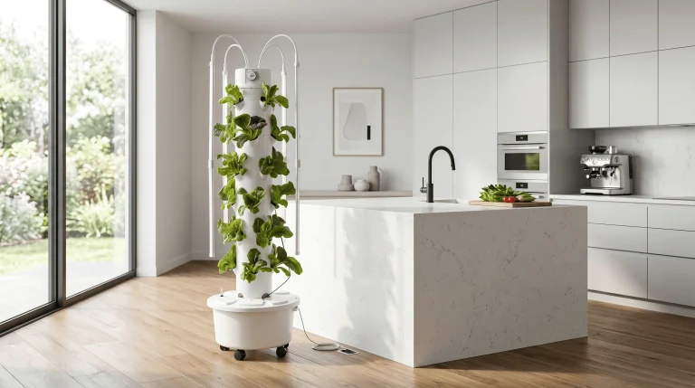 Hydroponic tower growing leafy greens next to a kitchen island