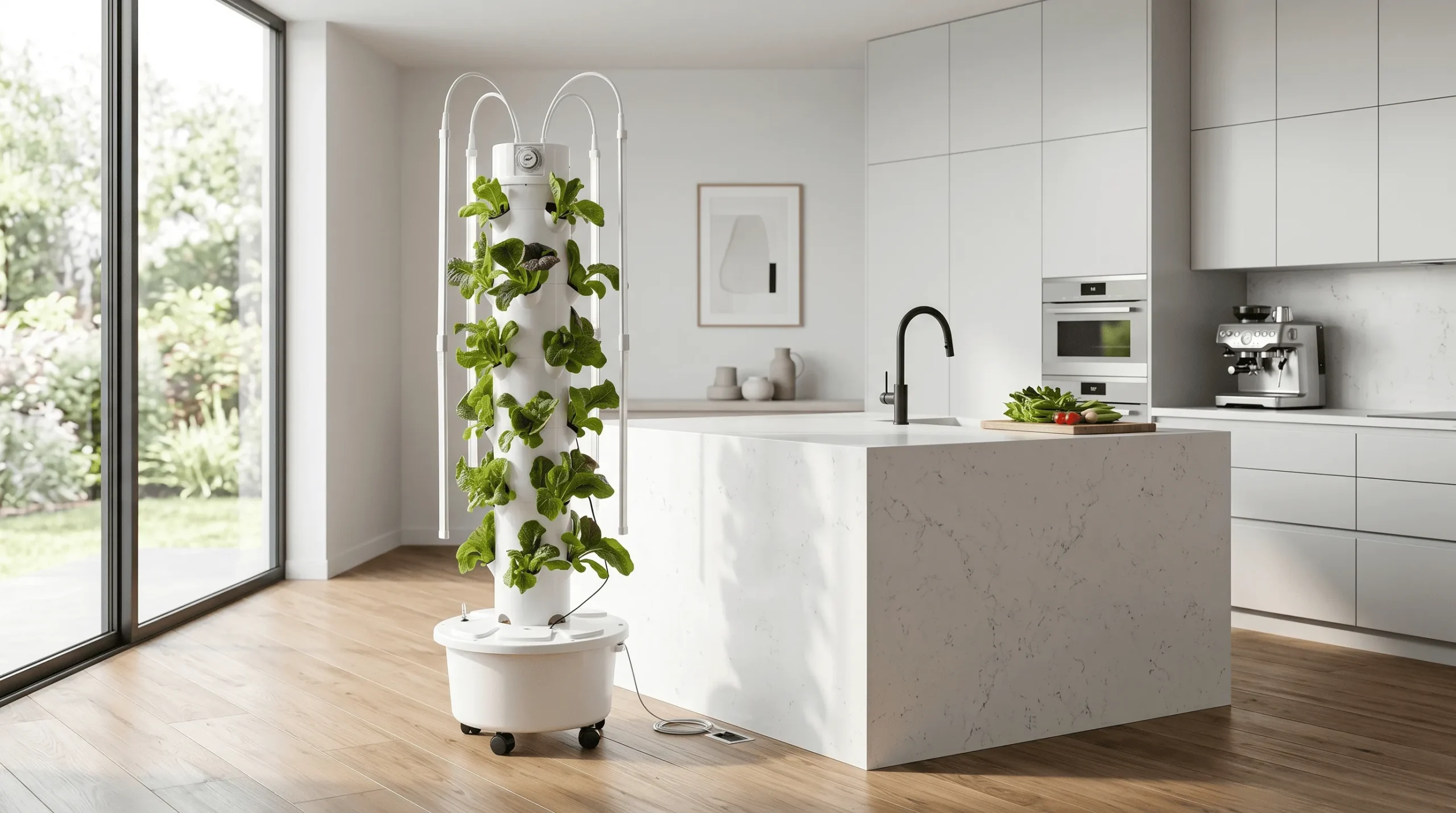 Hydroponic tower growing leafy greens next to a kitchen island