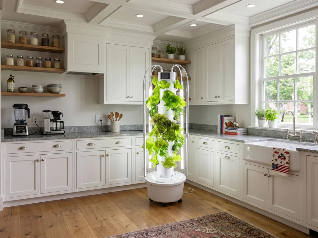 Hydroponic tower with fresh lettuce growing in a white kitchen