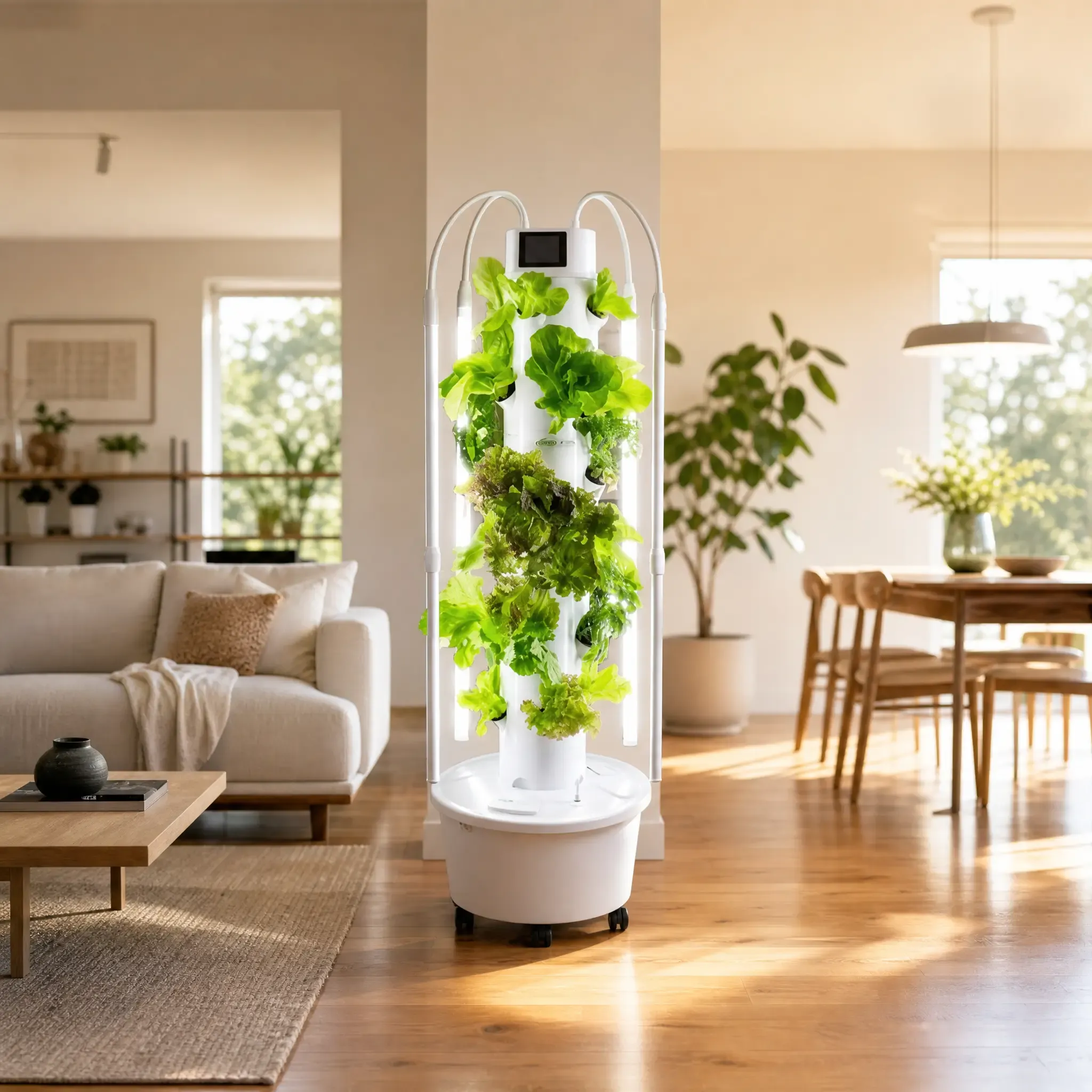 Hydroponic tower growing leafy greens in a bright modern living room