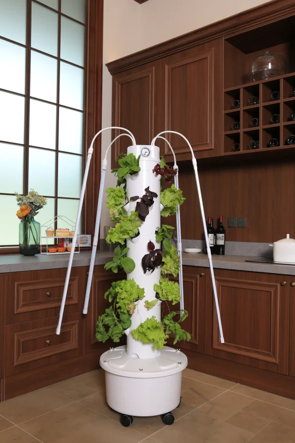 24plant-04 Ovelium 24-Plant Hydroponic Tower growing leafy greens in a kitchen