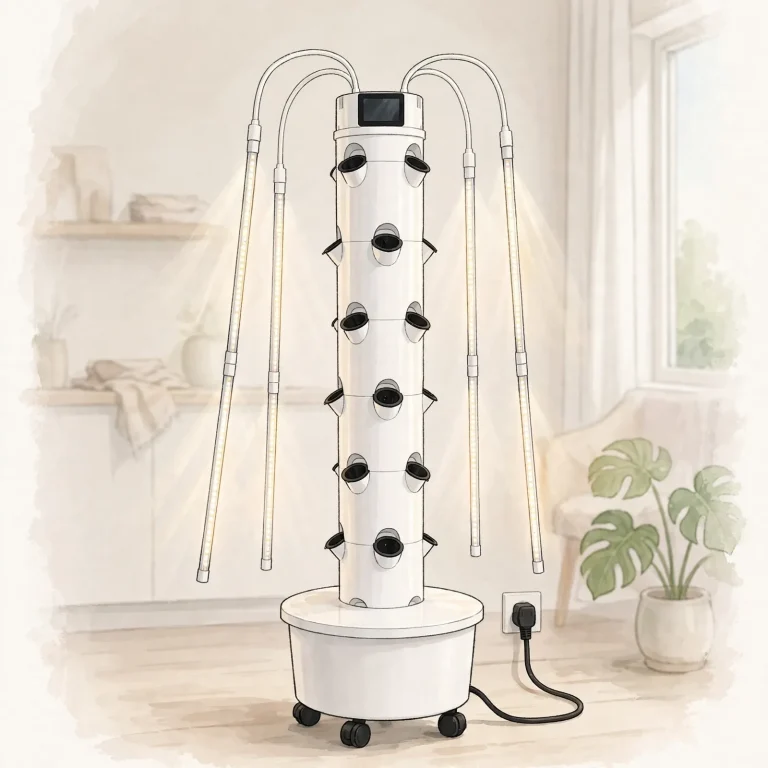 Hydroponic tower electricity use concept illustration