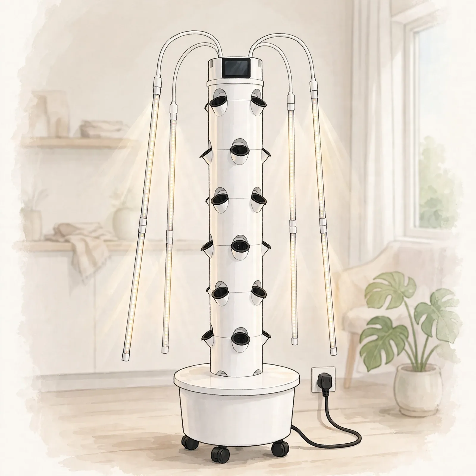 Hydroponic tower electricity use concept illustration