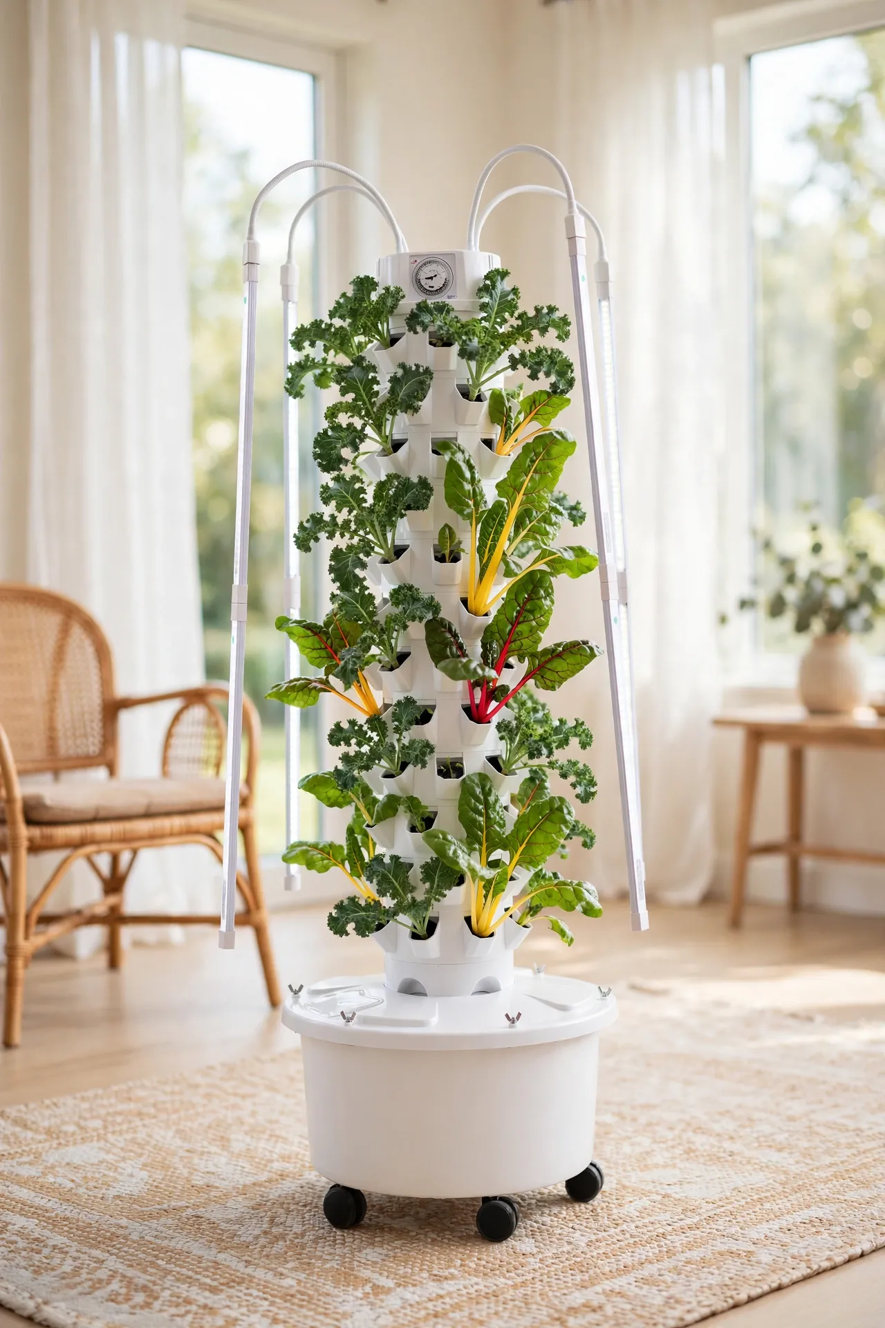 growing kale in a hydroponic tower