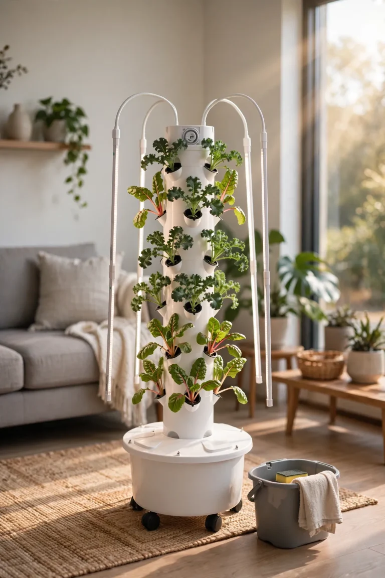 how to clean hydroponic tower — white tower with kale and chard in a living room
