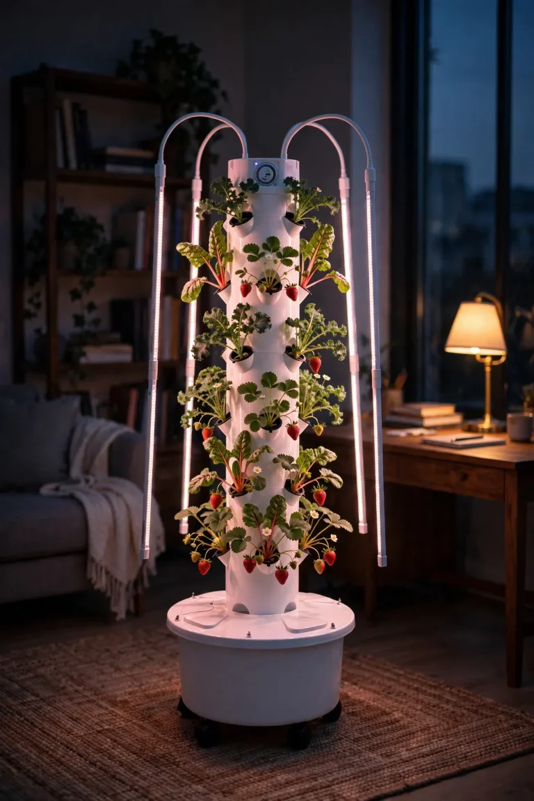 Hydroponic tower with glowing LED grow light bars at dusk — hydroponic tower lighting guide